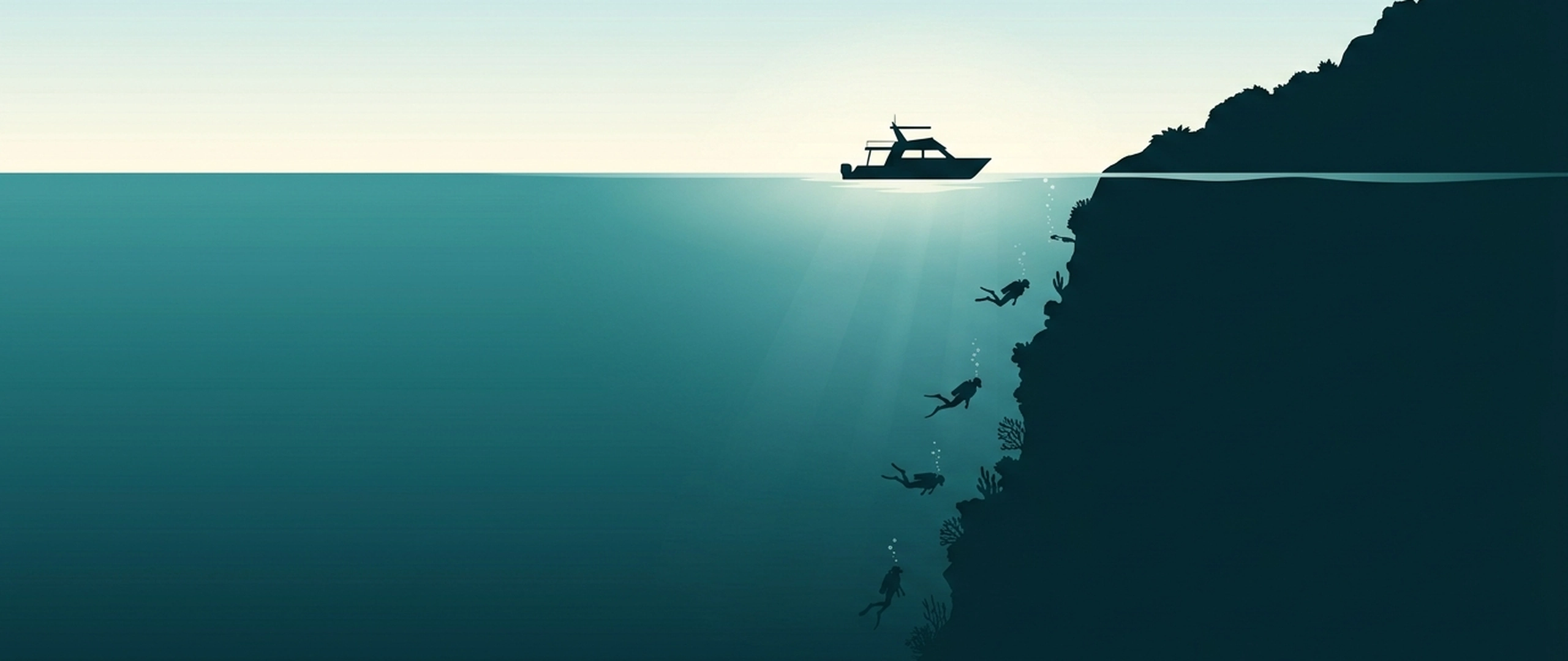 Illustration of a steep-sided island with a reef wall and four divers descending along it