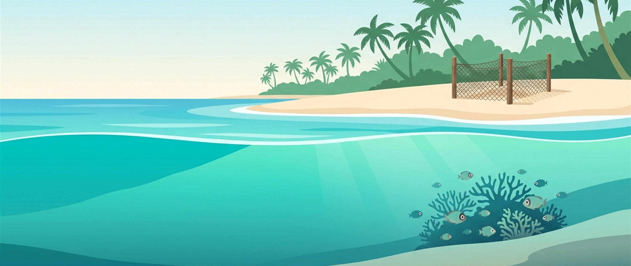 Illustration of a beach on Pom Pom with a turtle nest enclosure and a coral head below