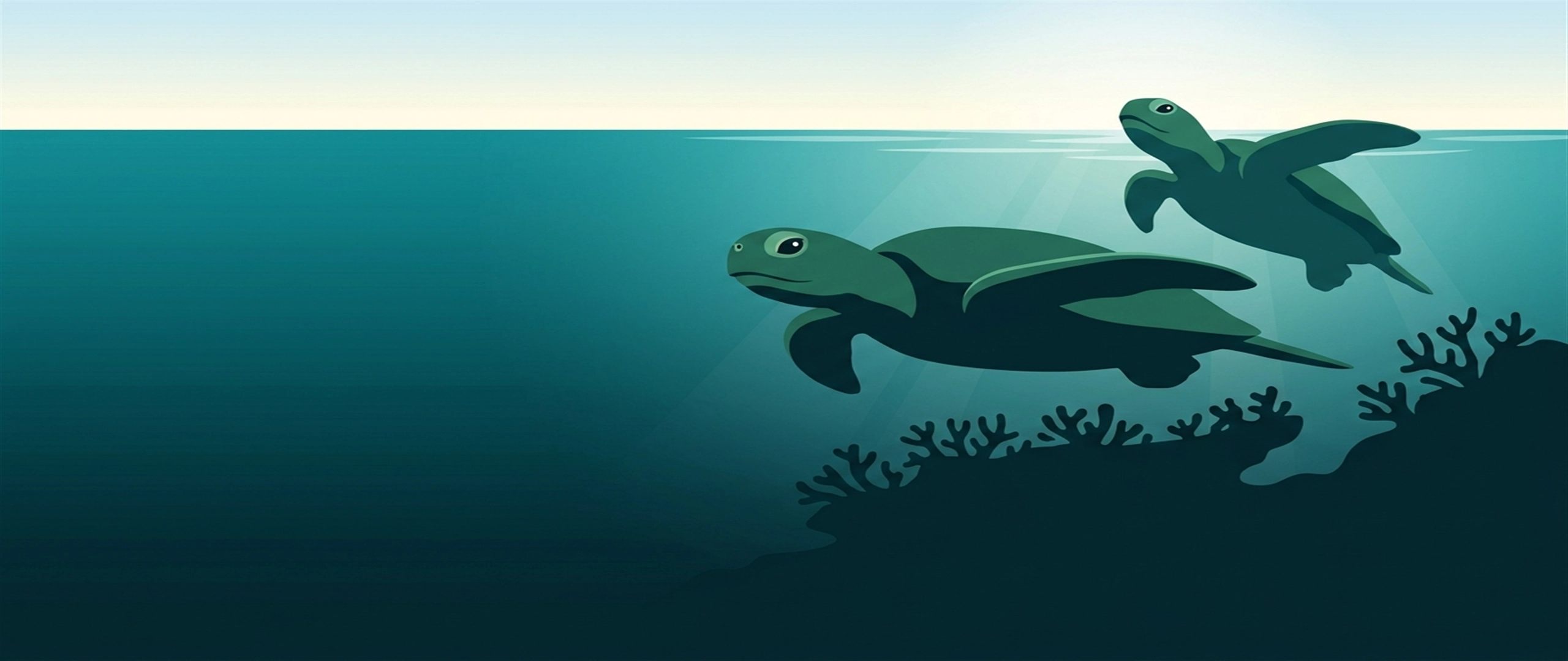 Illustration of two green turtles, one gliding and one rising toward the surface