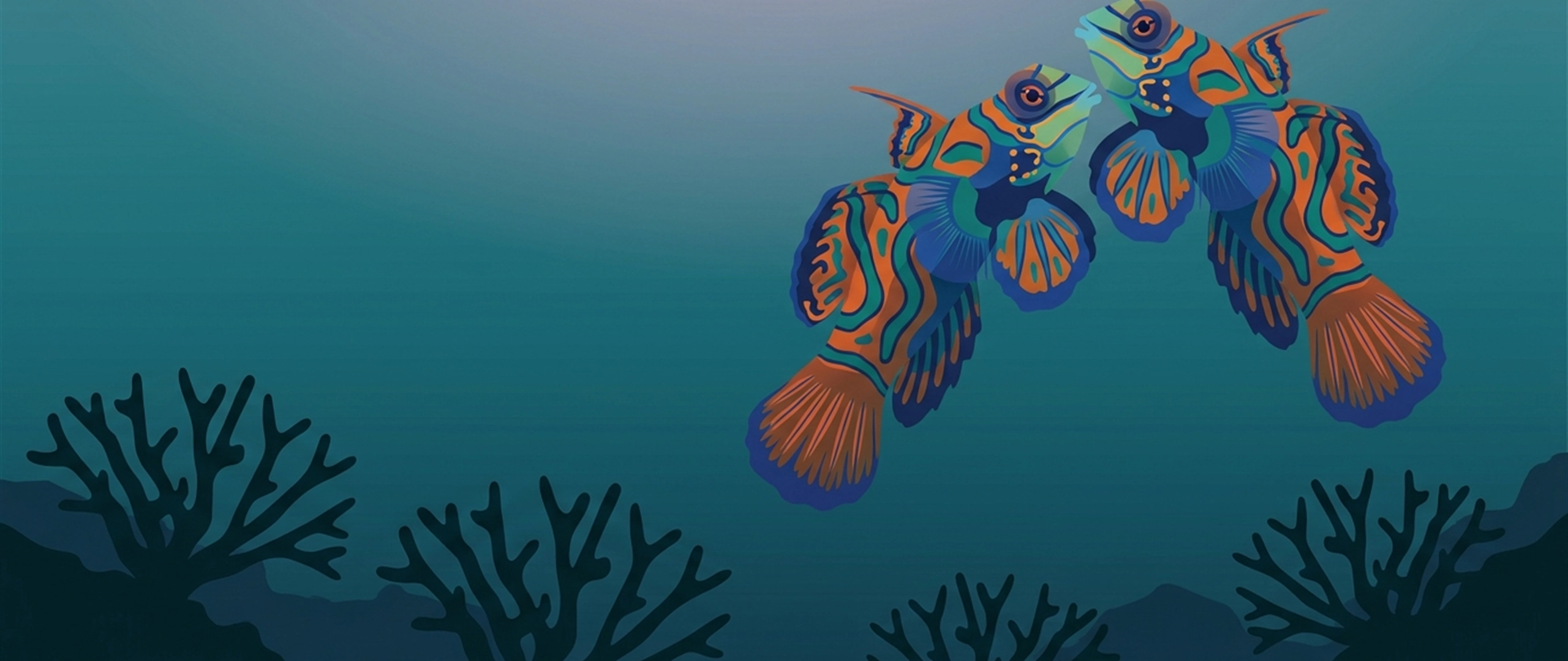 Illustration of two mandarinfish rising above staghorn coral at dusk