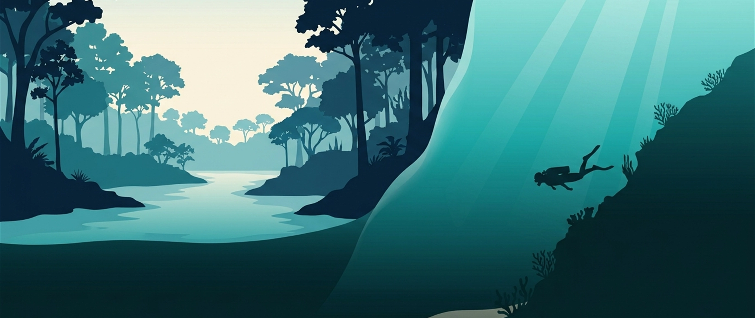 Illustration of a rainforest river on one side and an underwater reef wall on the other