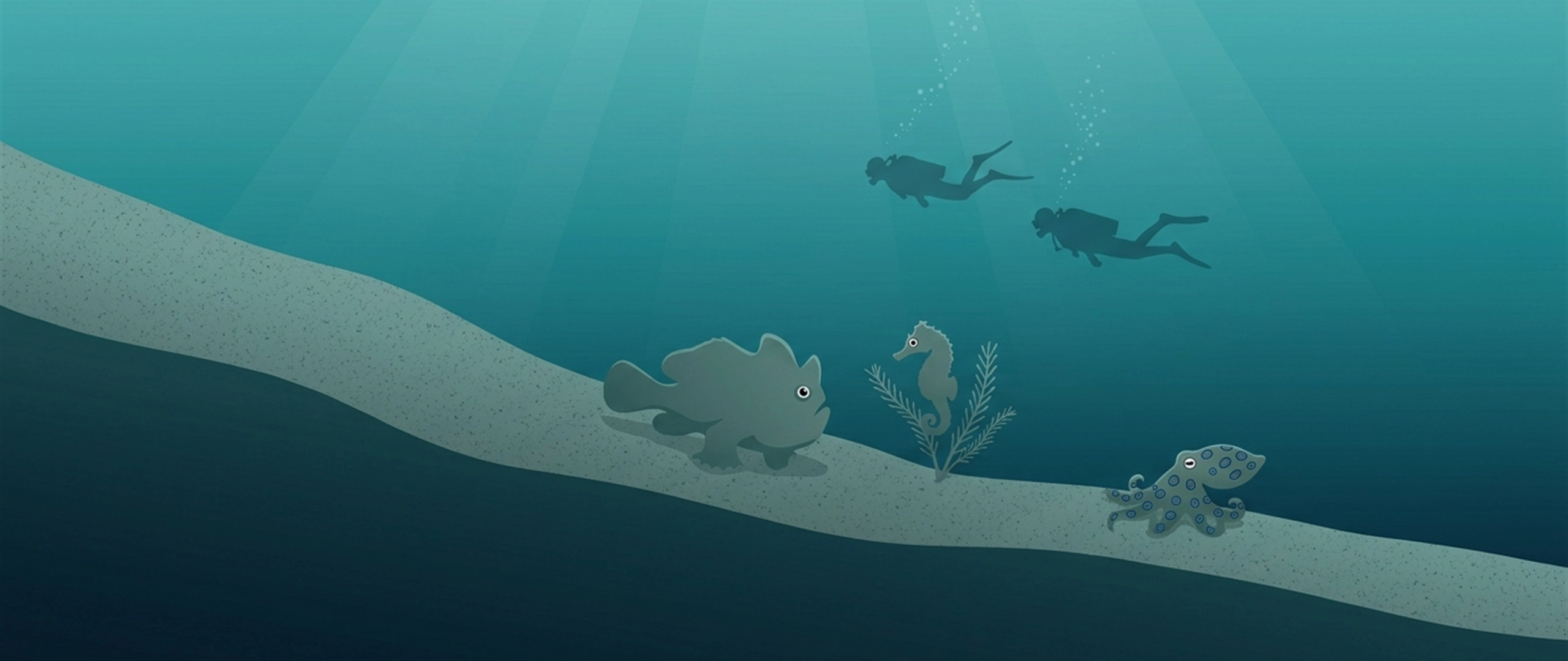 Illustration of a silty slope with three camouflaged creatures and a diver above