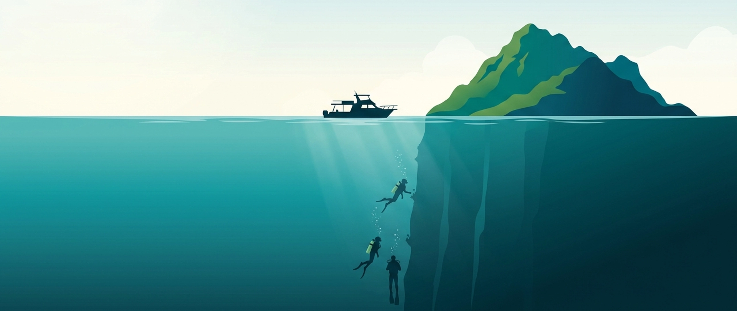 Illustration of a small island with a reef wall and four divers descending along it