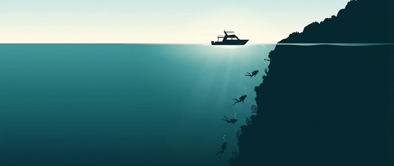 Illustration of a steep-sided island with a reef wall and four divers descending along it