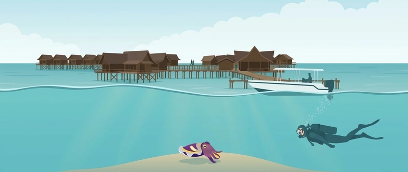 Illustration of Kapalai's over-water resort on stilts above the waterline and, below it, a diver watching a small flamboyant cuttlefish on the sand