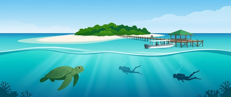 Illustration of Lankayan island above the waterline and, below it, two divers with a green turtle over a sandy reef