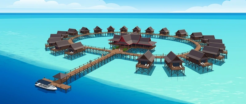 Illustration of Sipadan-Kapalai Dive Resort's over-water chalets on stilts over shallow turquoise water