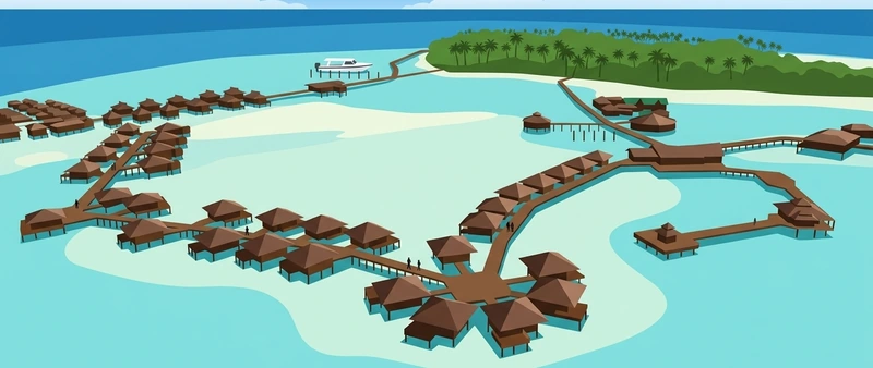 Illustration of the timber water village on stilts at Mabul, joined by boardwalks